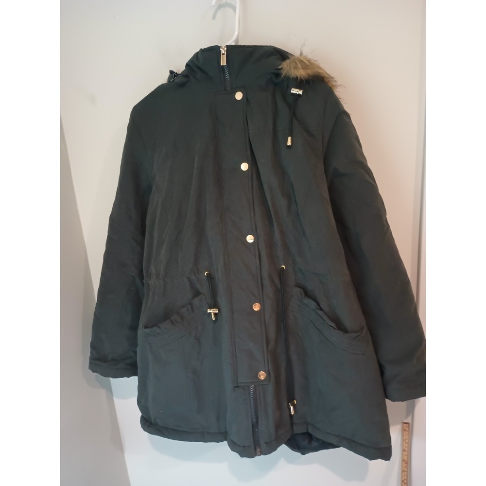 Directions Parka Jacket Womens 1X Black Faux Fur Hood Winter Anorak Coat Warm